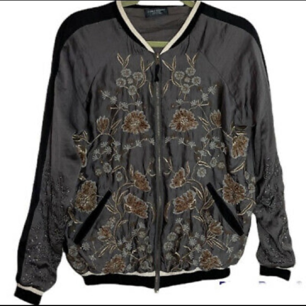 Zara Embroidered Grey Satin Bomber
